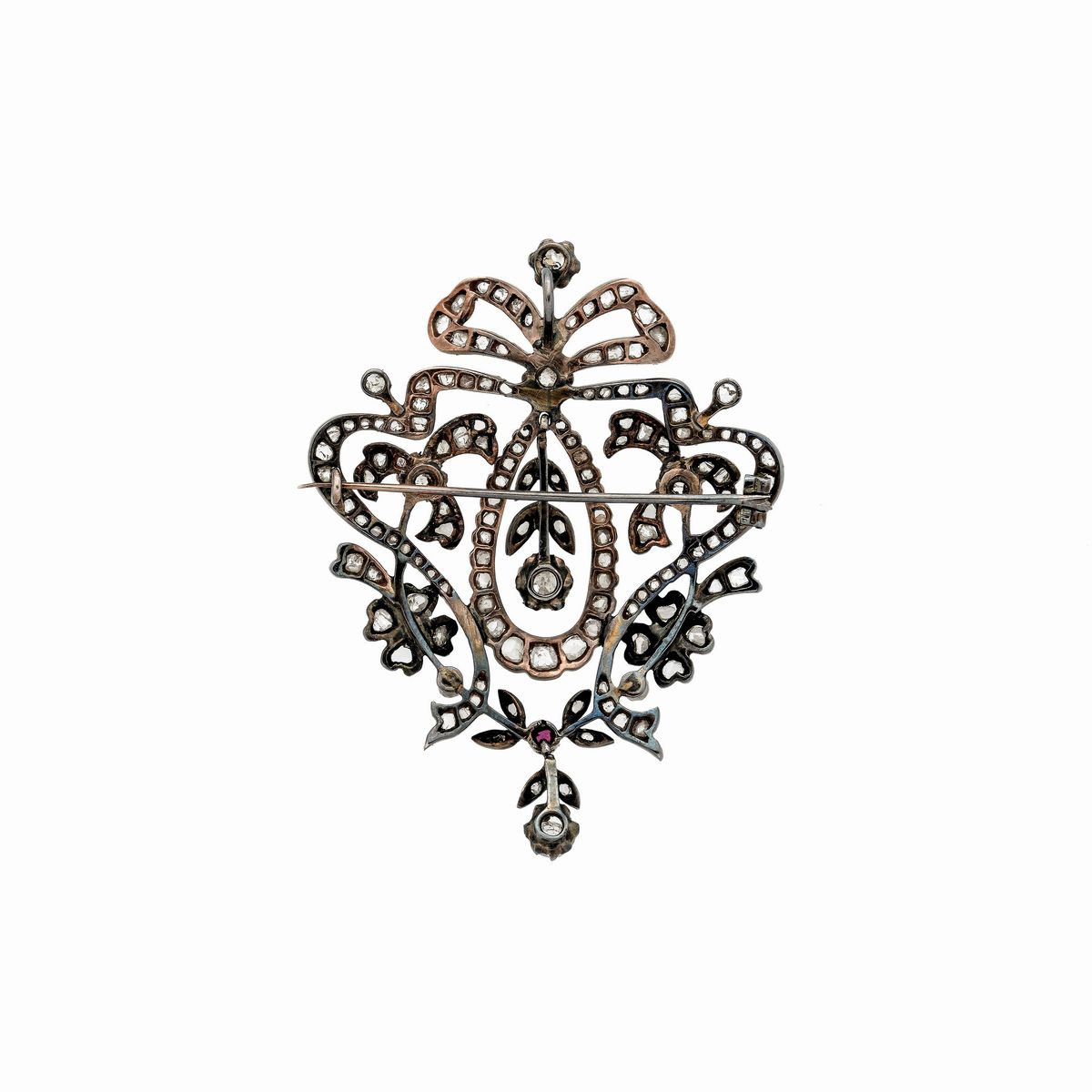 Grande spilla pendente in oro 12 kt, argento, diamanti e rubini