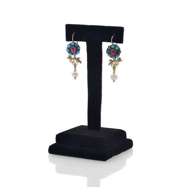 Pair of 18K gold, turquoise, garnet and pearl drop earrings