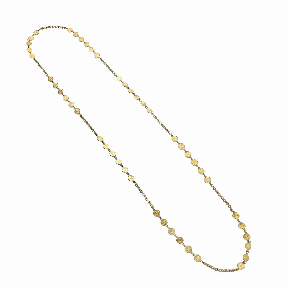 Lunga catena in oro 18 kt con monete in oro 8 kt