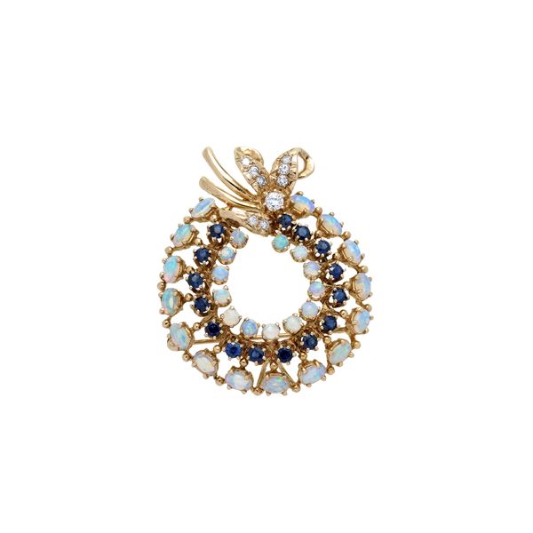 Garland brooch in 14 kt yellow gold, opal, sapphires and diamonds