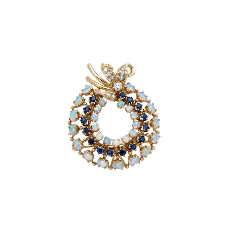 Spilla ghirlanda in oro giallo 14 kt, opale, zaffiri e diamanti