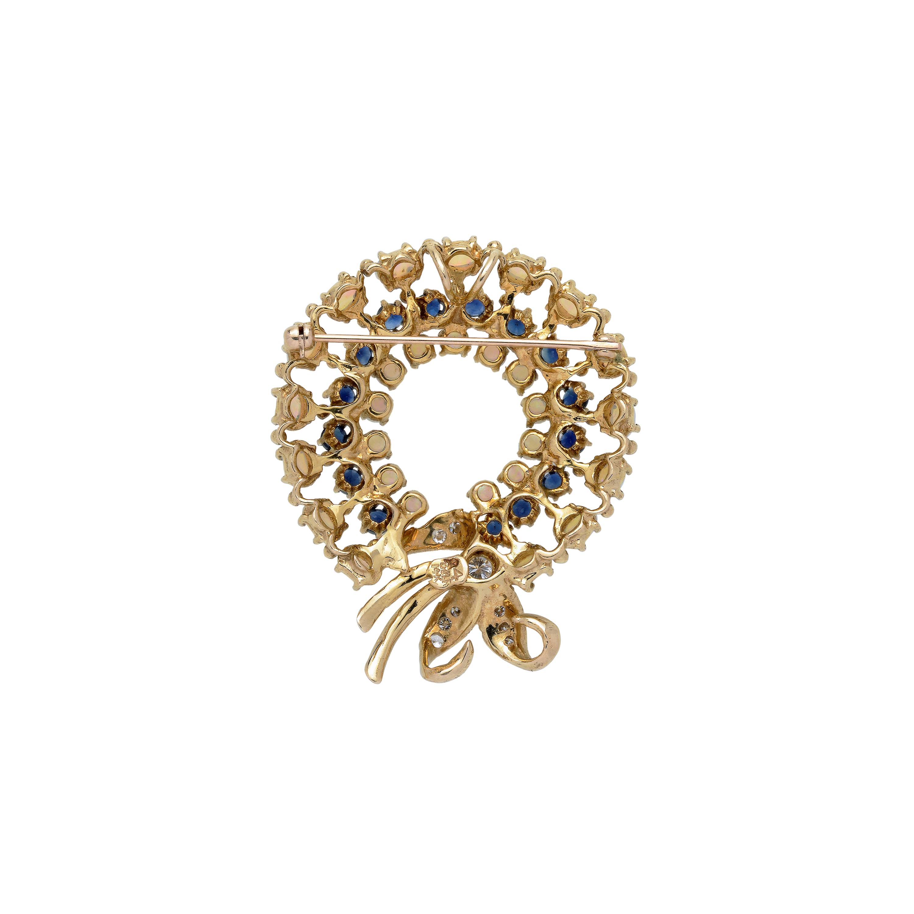 Spilla ghirlanda in oro giallo 14 kt, opale, zaffiri e diamanti