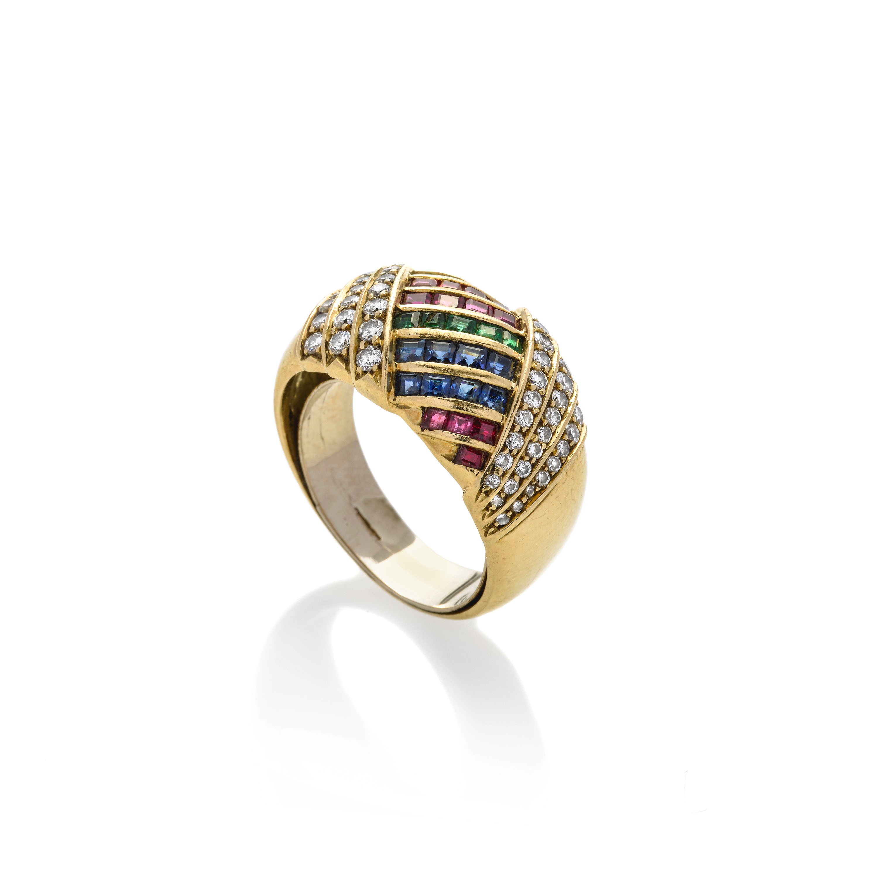Anello a Fascia in Oro Giallo, Diamanti, Smeraldi, Rubini e Diamanti