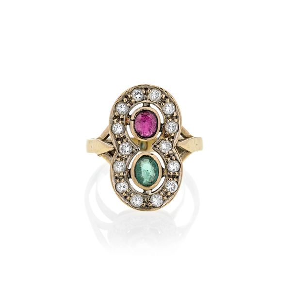 Anello a scudo in oro giallo, diamanti, rubino e acquamarina
