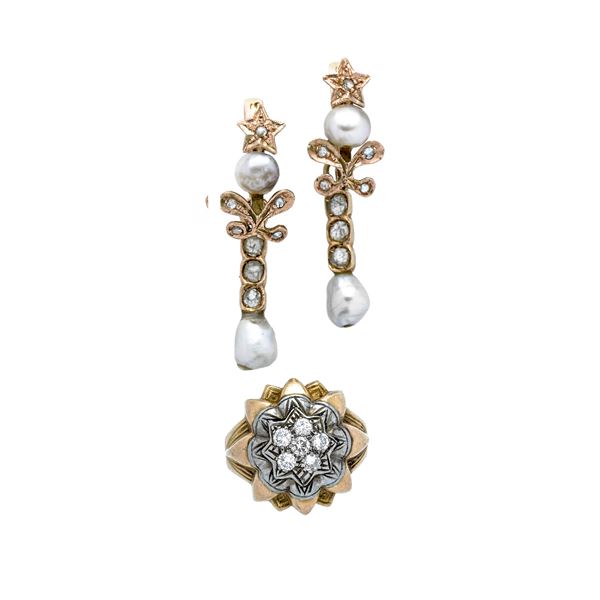 Pair of 9 kt gold earrings and 12 kt gold, silver, diamond and pearl ring