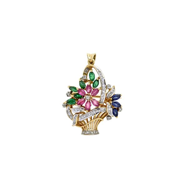 Basket of flowers pendant brooch in yellow gold, diamonds, sapphires, rubies and emeralds