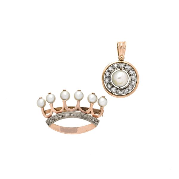 Spilla corona in oro rosa 12 kt e perle e pendente a margherita con diamanti e perla