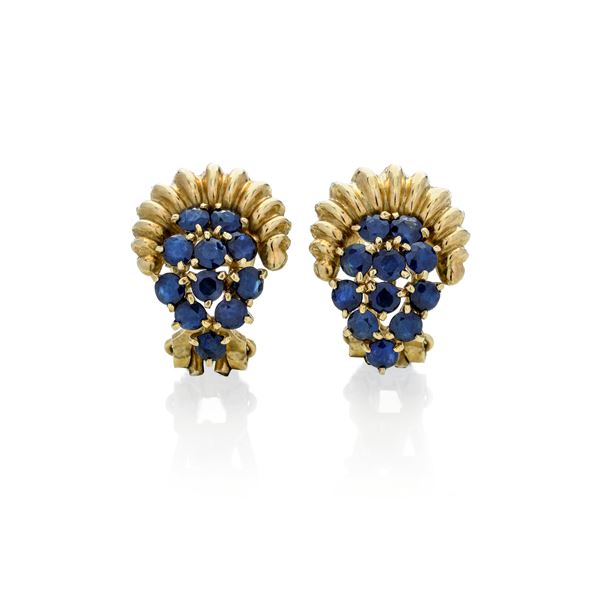Pair of yellow gold and sapphire earrings