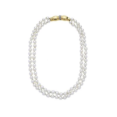 Collana a Due Fili in Perle Coltivate, Oro Giallo e Diamanti