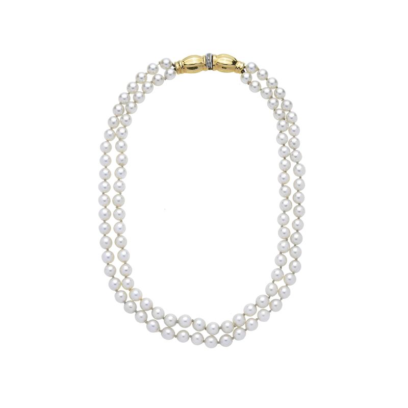 Collana a Due Fili in Perle Coltivate, Oro Giallo e Diamanti