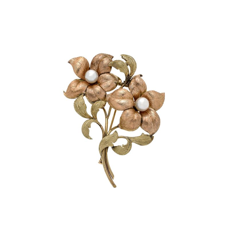 Grande spilla Floreale in oro giallo, oro rosa e perle coltivate
