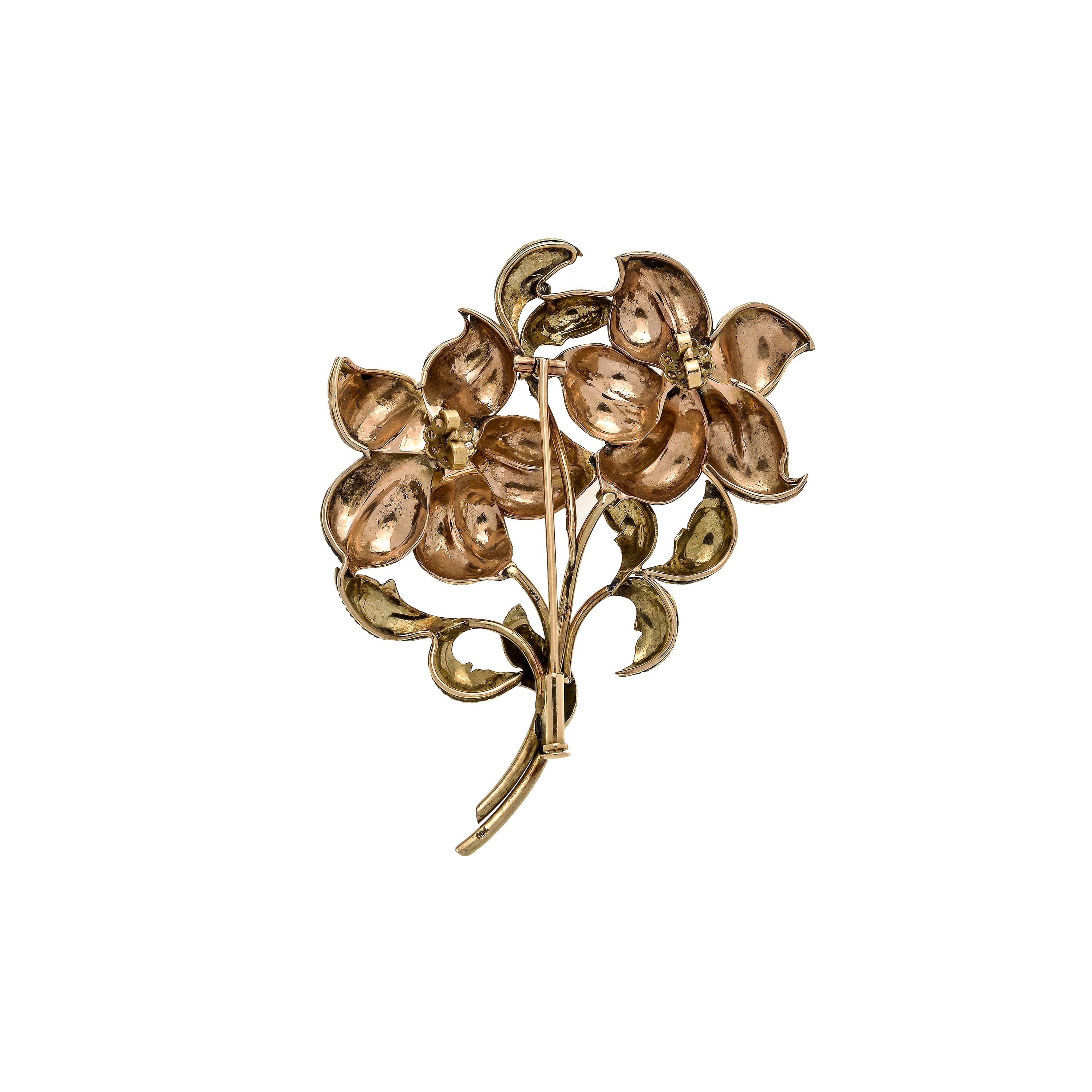 Grande spilla Floreale in oro giallo, oro rosa e perle coltivate