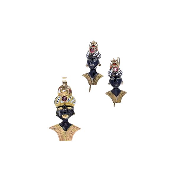 "Moretti" earrings and pendant in yellow gold, black and white enamel, coral, garnet and pearls