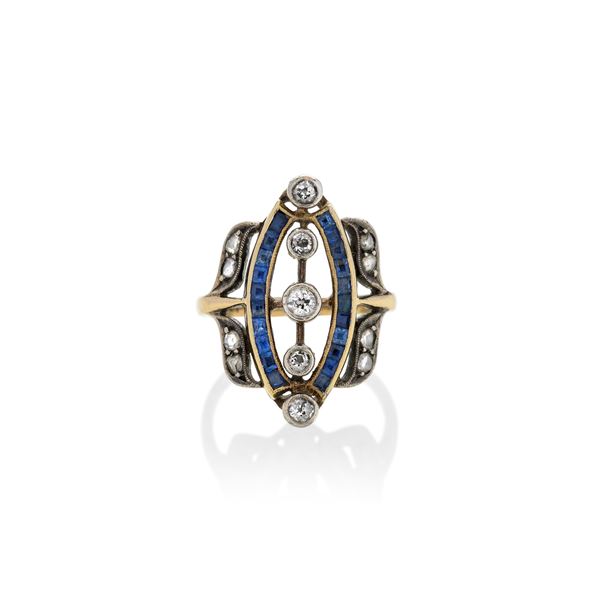 Lozenge ring in yellow gold, diamonds and sapphires