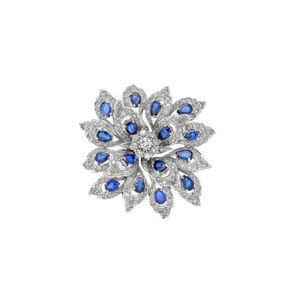 Large floral brooch in white gold, diamonds and sapphires
