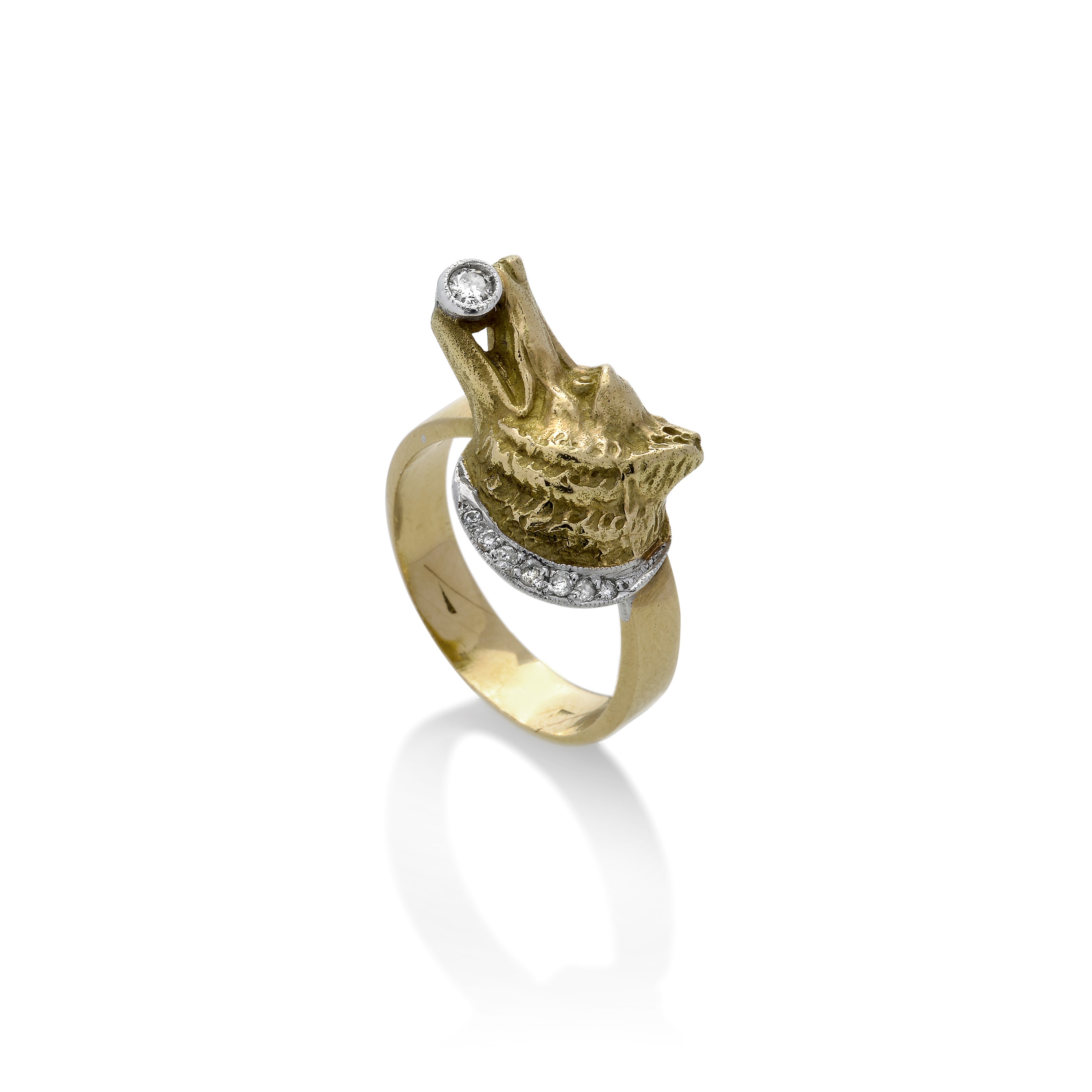 Anello testa di cane in oro giallo, oro bianco e diamanti