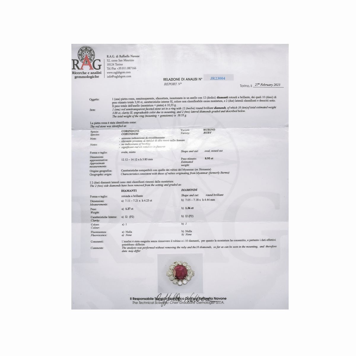 Importante anello in oro bianco, diamanti e rubino Birmano naturale