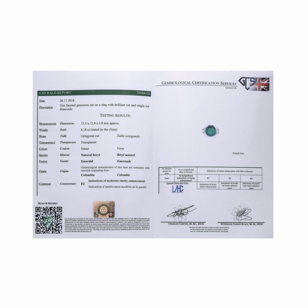 Anello in platino, oro giallo, diamanti e smeraldo Colombiano