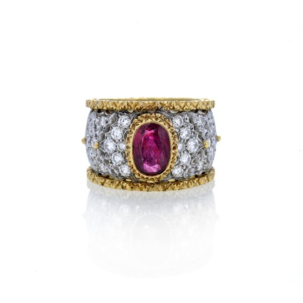 PAOLO PENCO Band ring in yellow gold, white gold, diamonds and ruby