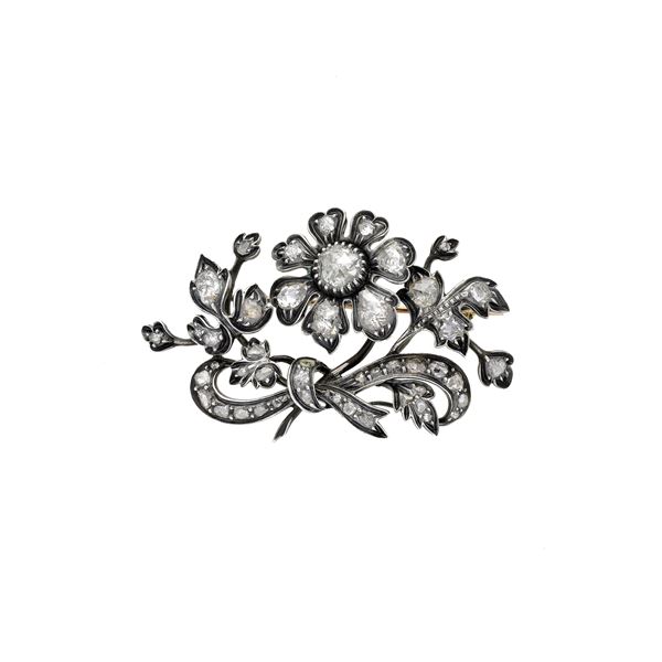 Large floral brooch in low gold, silver and diamonds