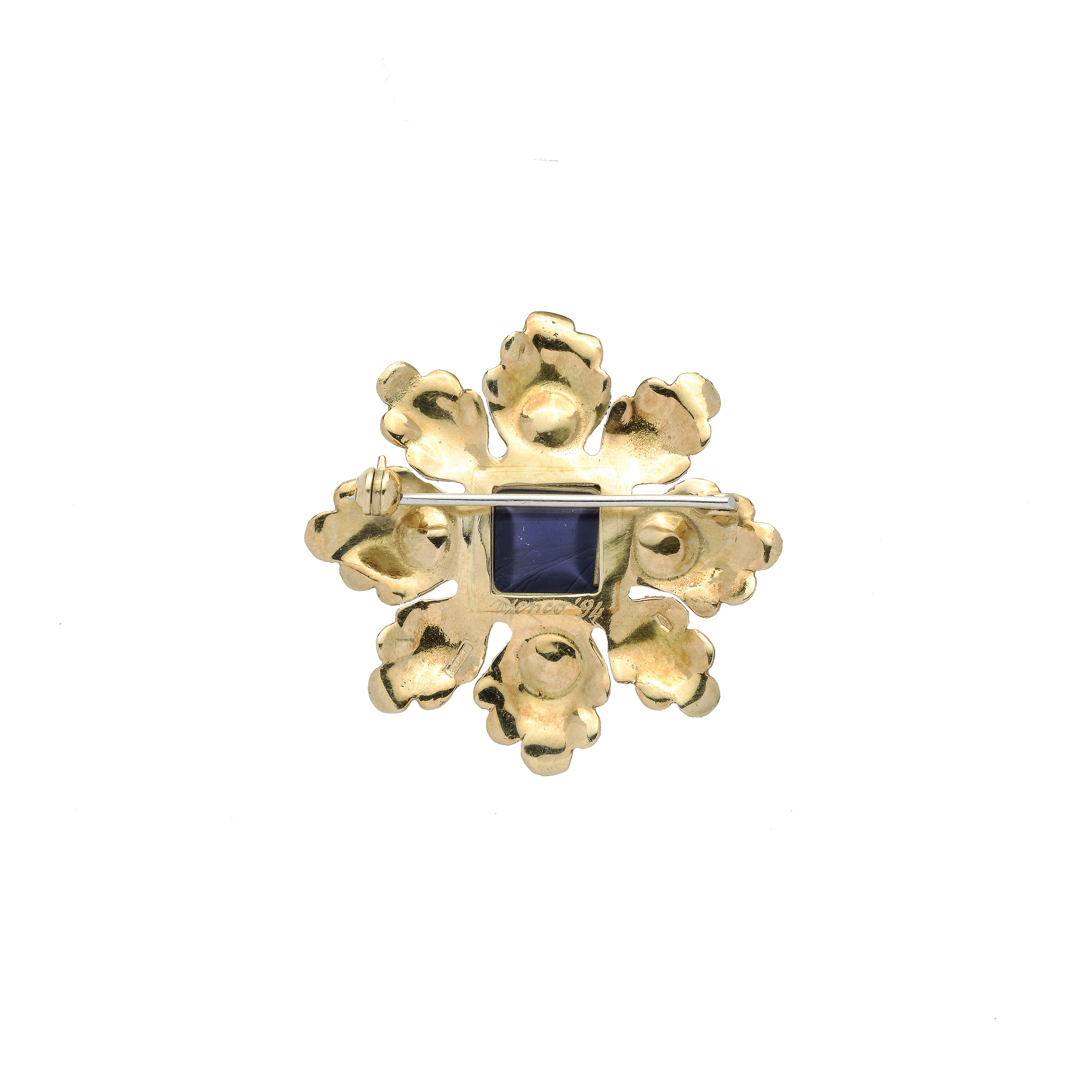 PAOLO PENCO Spilla di ispirazione floreale in oro giallo, perle e Iolite blu scuro
