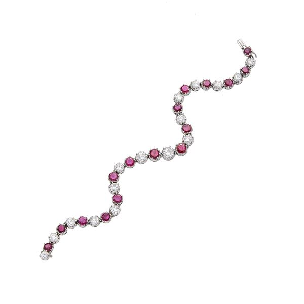 Tennis bracelet in white gold, diamonds and rubies