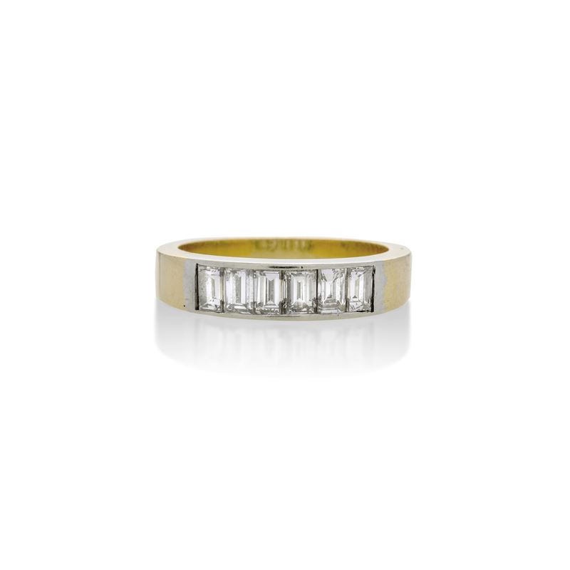 Anello a Fascia in Oro Giallo, Oro Bianco e Diamanti
