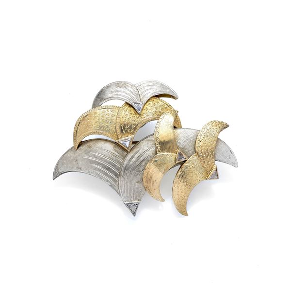 PAOLO PENCO Large fancy brooch in yellow gold, white gold and diamonds
