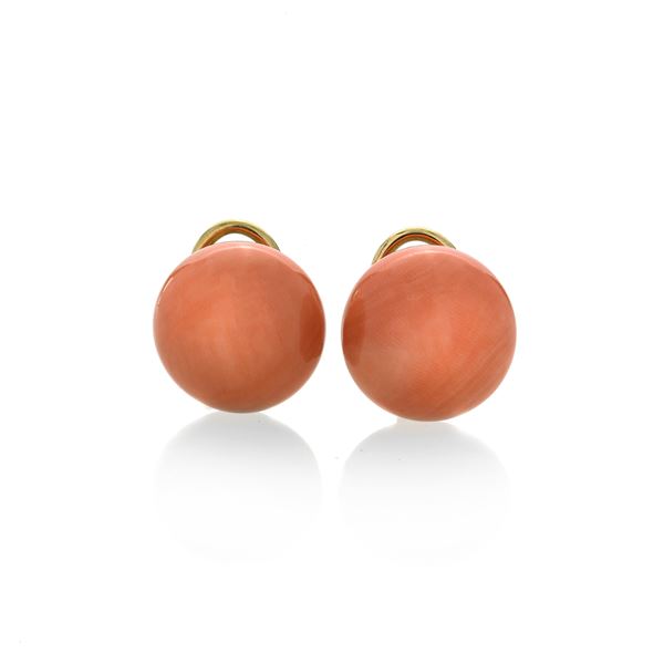 Pair of large yellow gold and pink coral earrings
