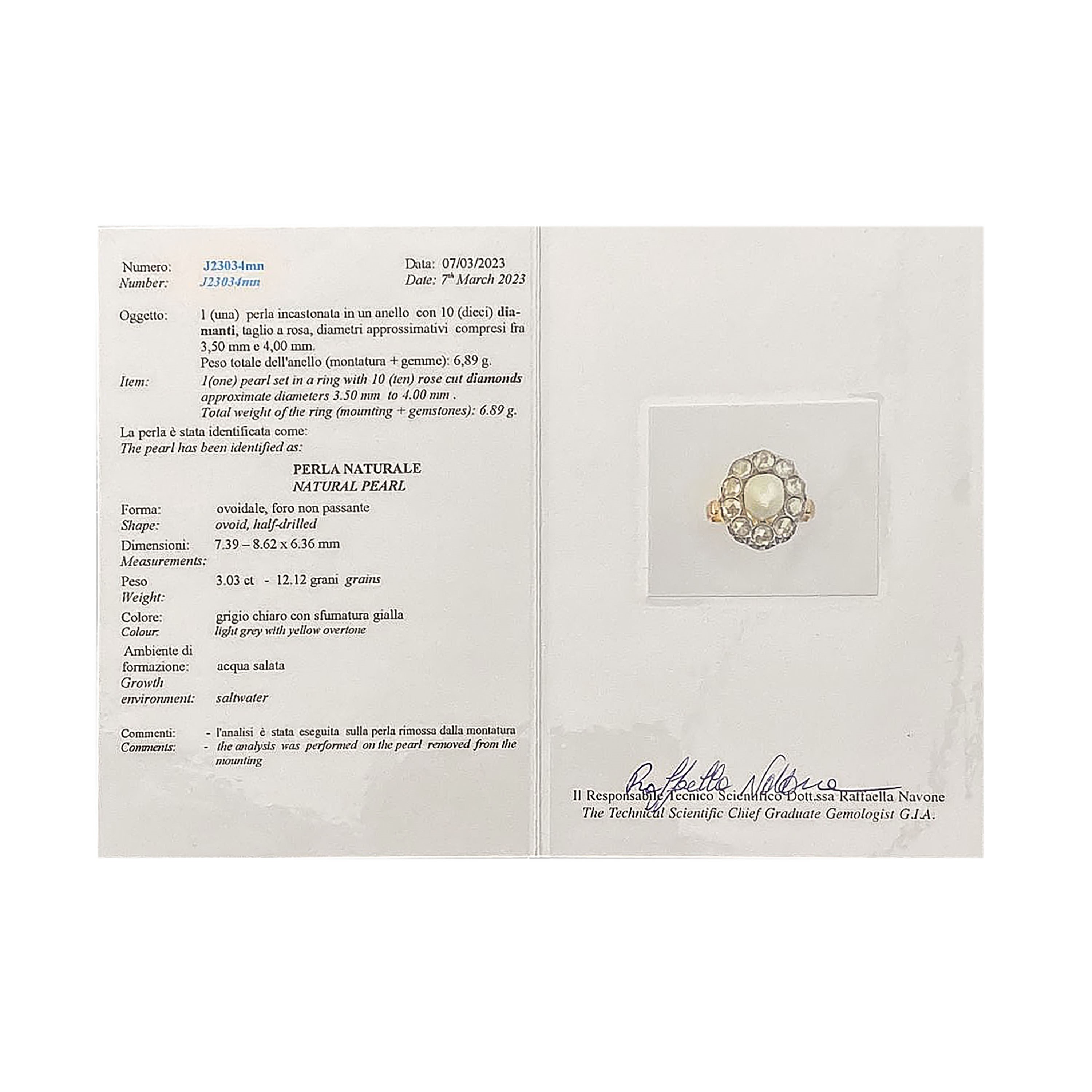 Anello a margherita in oro giallo, argento, diamanti e perla naturale