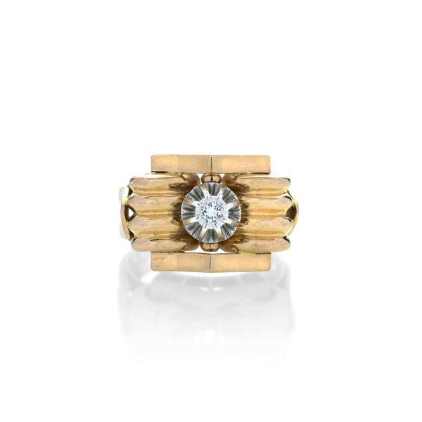 Anello a ponte in oro rosa, oro bianco e diamante