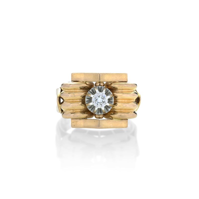 Anello a ponte in oro rosa, oro bianco e diamante