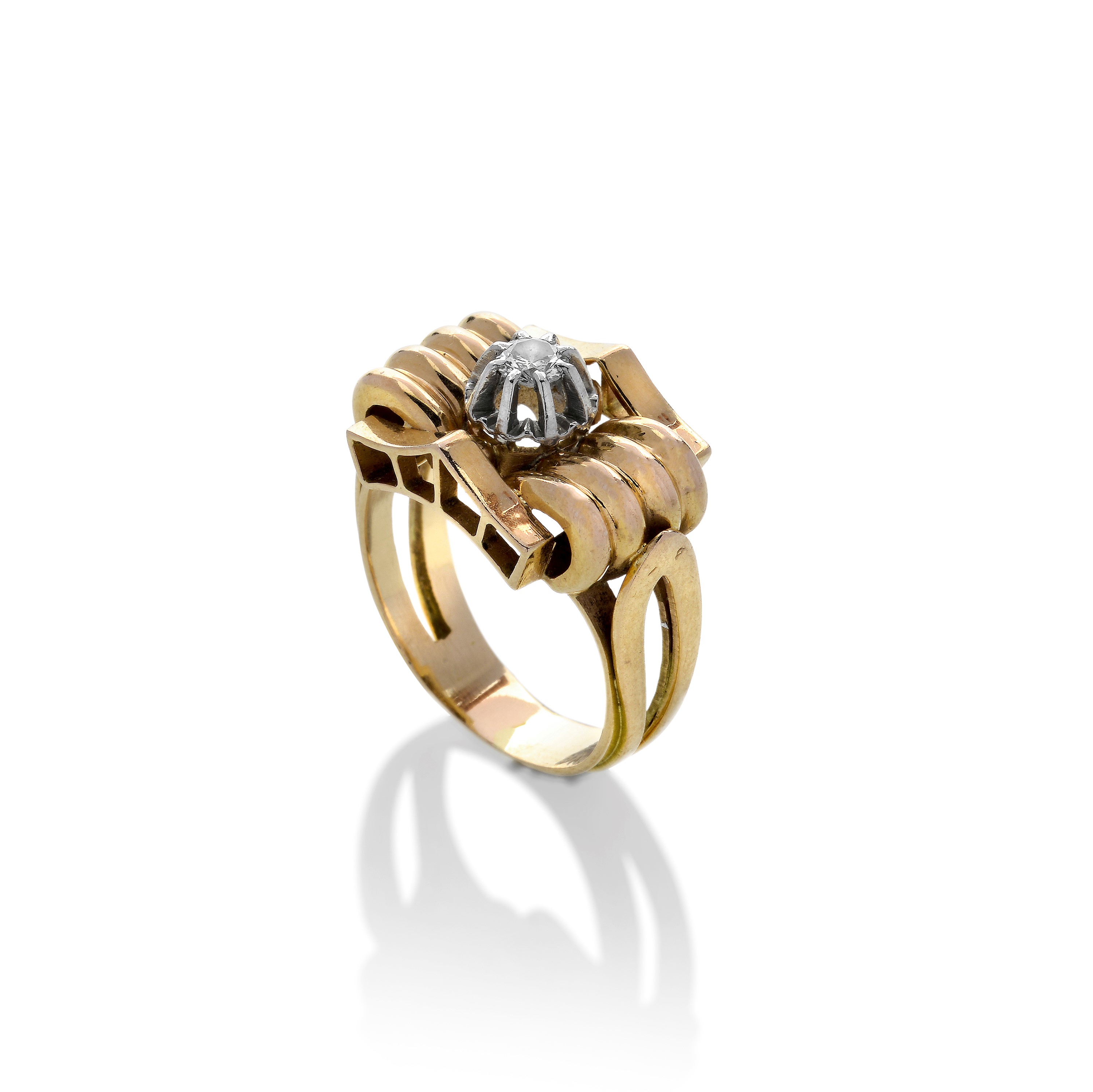 Anello a ponte in oro rosa, oro bianco e diamante