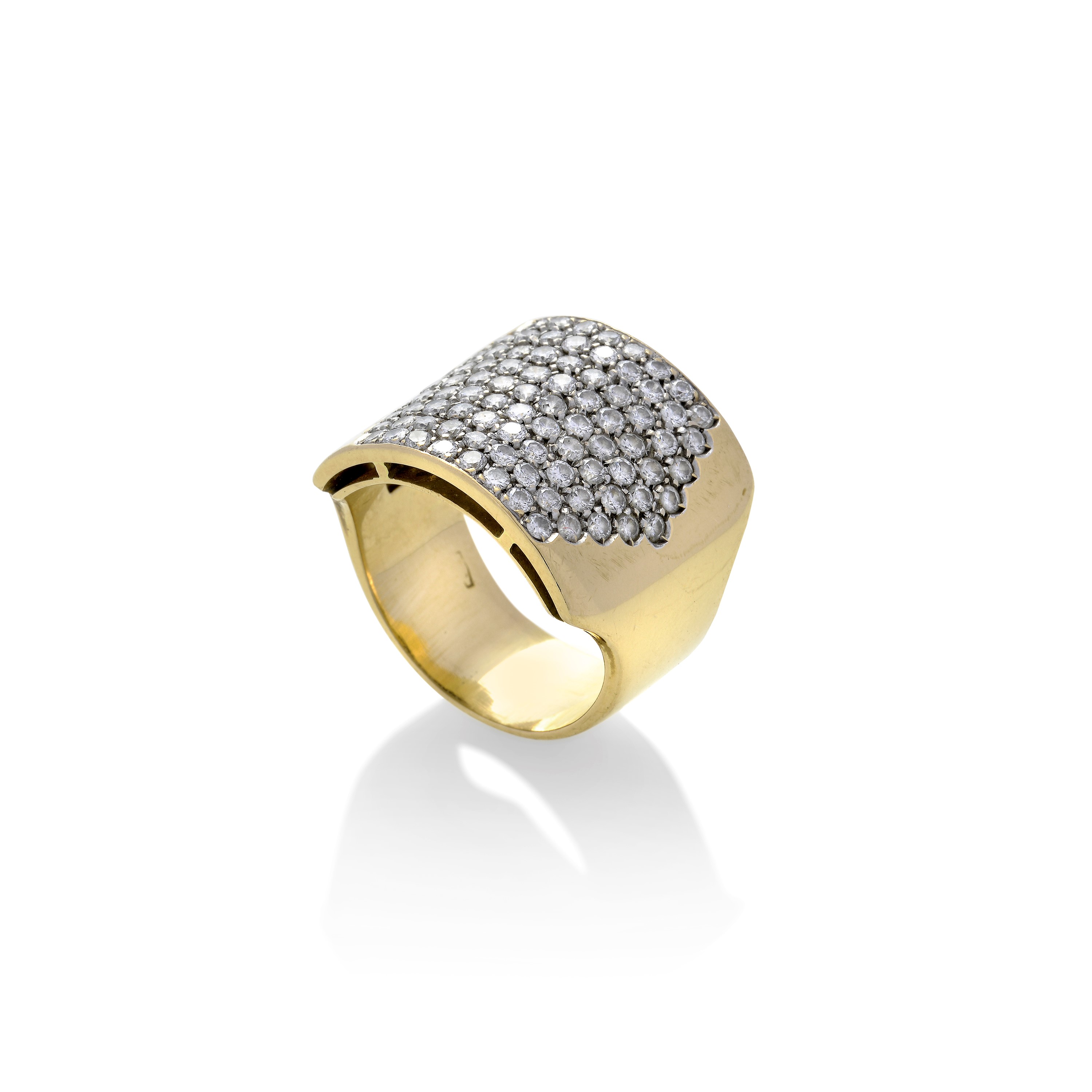 Alto Anello a Fascia in Oro Giallo e Pavè di Brillanti