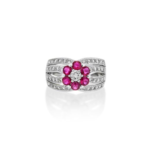 Band ring in white gold, diamonds and rubies