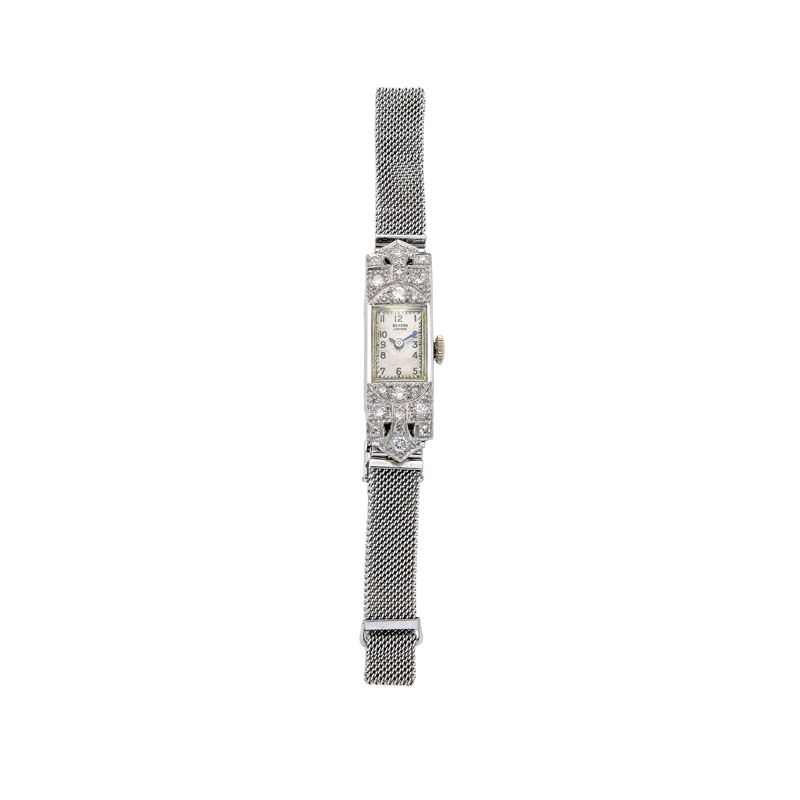 Orologio da signora in platino, oro 9 kt e diamanti