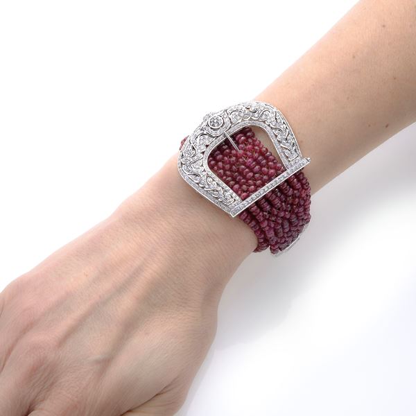 Large belt bracelet in white gold, rubies and diamonds