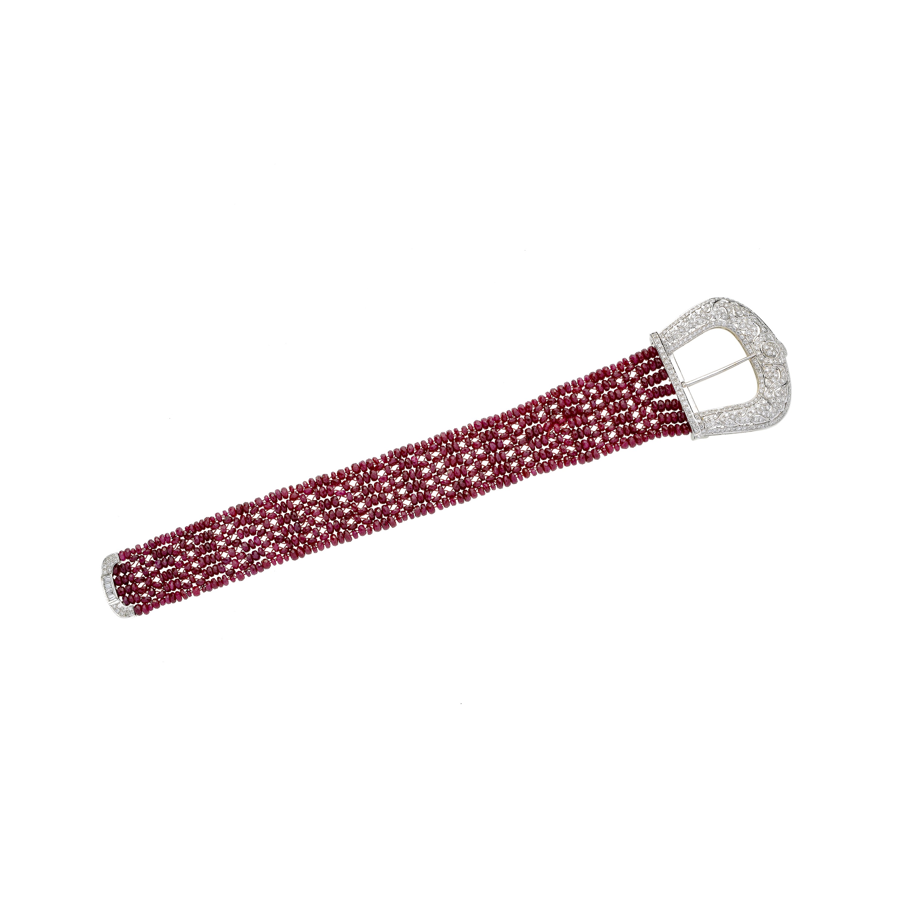 Grande bracciale a cintura in oro bianco, rubini e diamanti