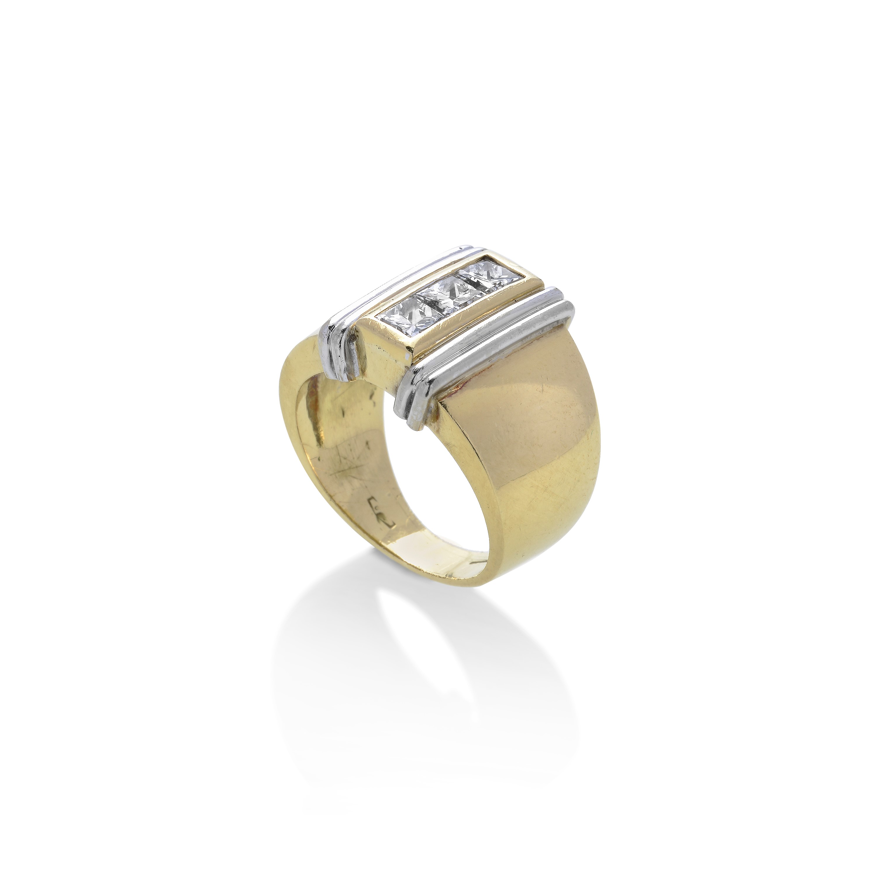 Anello a Fascia in Oro Giallo, Oro Bianco e Tre Diamanti