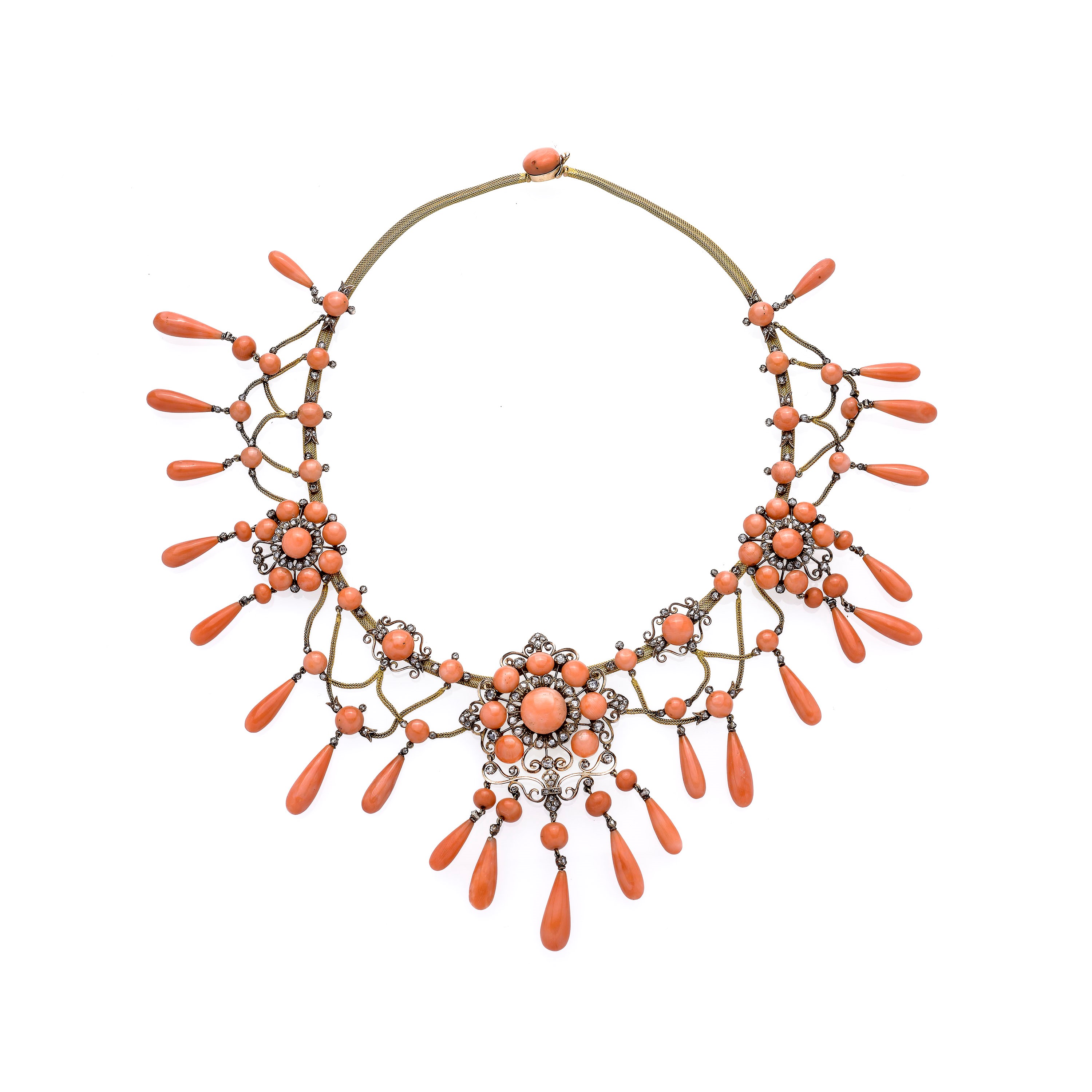 Importante collana e bracciale rigido in oro giallo, oro basso, argento, diamanti e corallo rosa