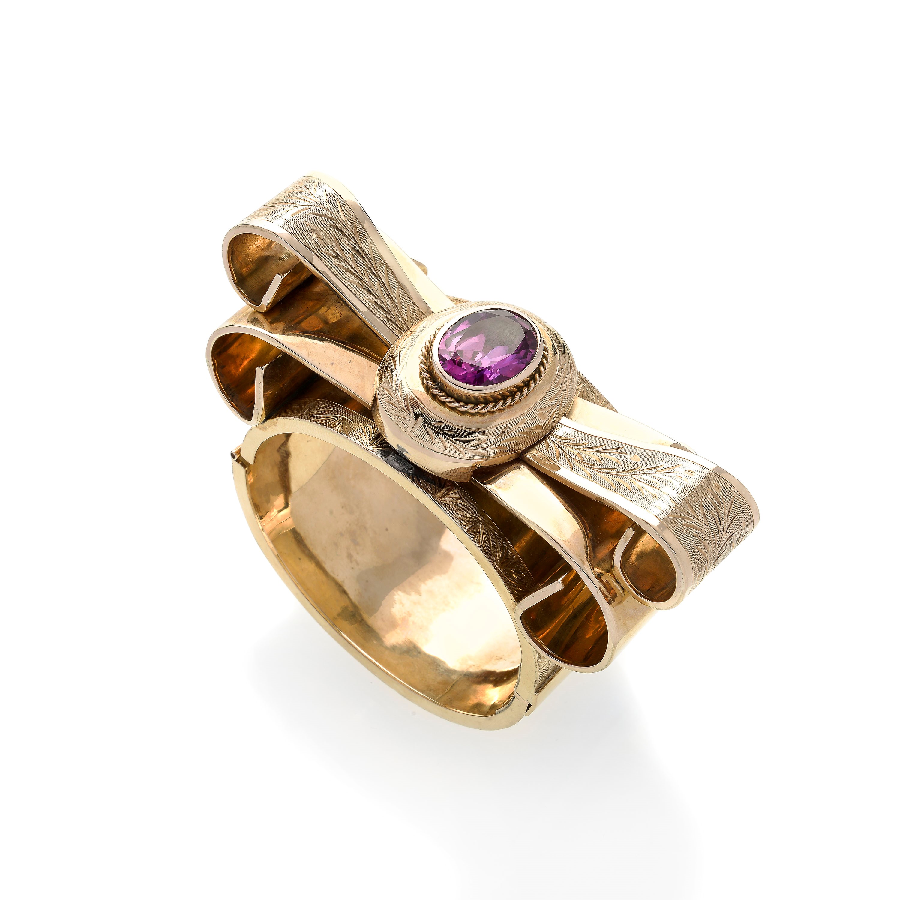 Grande Bracciale Rigido Fiocco in Oro 12 Kt e Pietra Viola