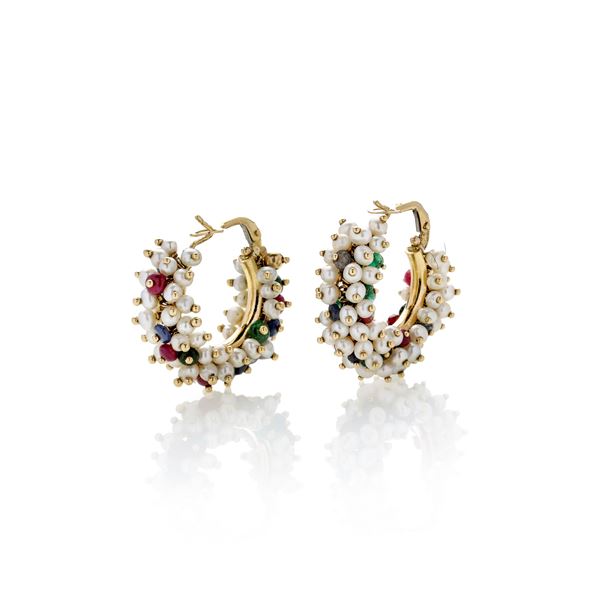 Pair of semicircle earrings in yellow gold, micro-pearls, rubies, sapphires and  [..]