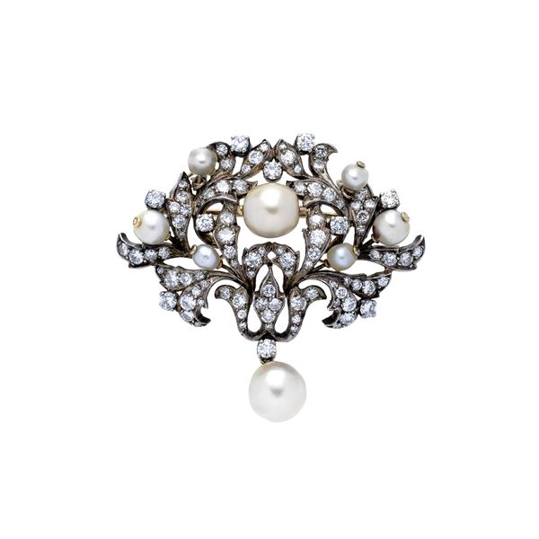 Floral brooch in low title gold, silver, diamonds and pearls