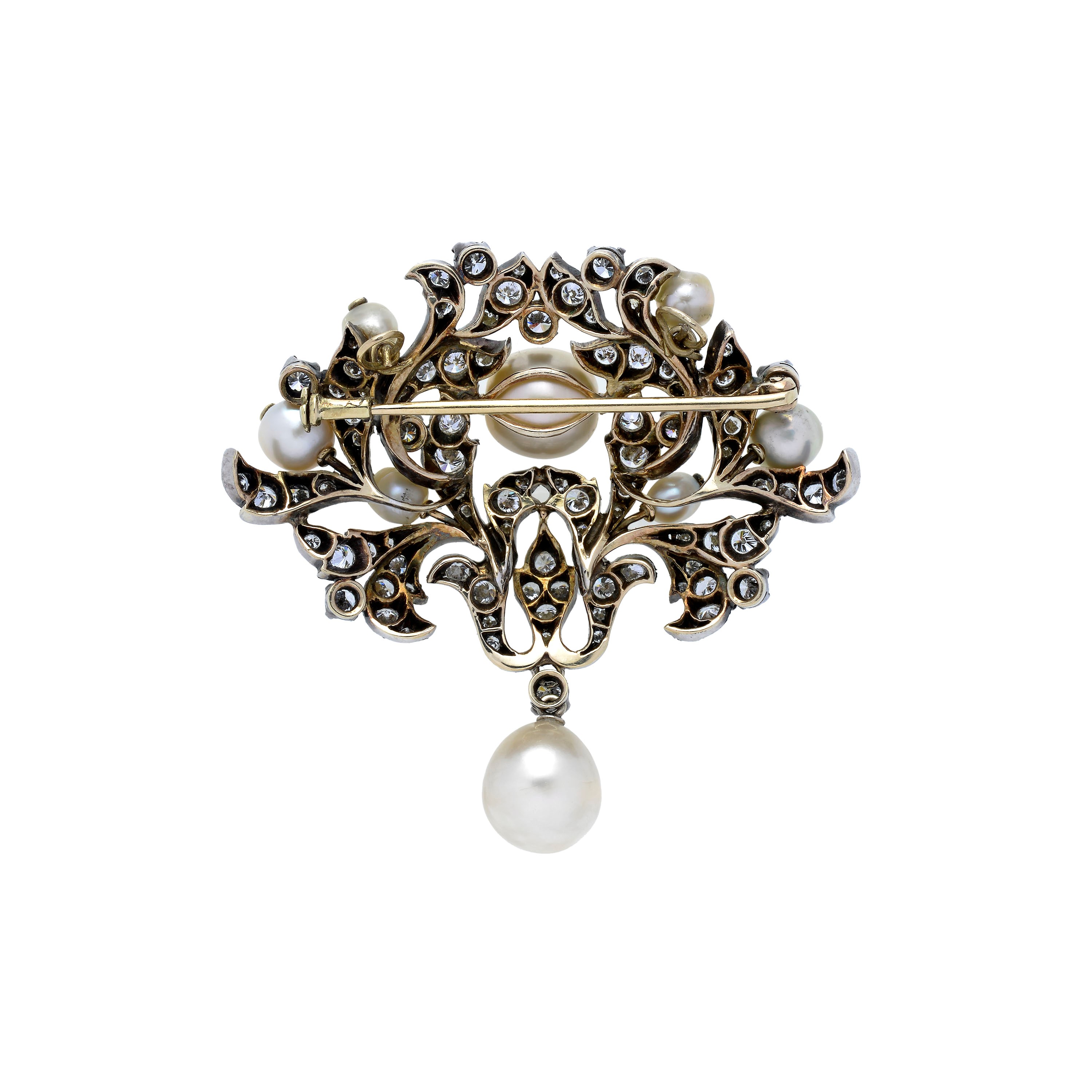 Spilla Floreale in oro a basso titolo, argento, diamanti e perle