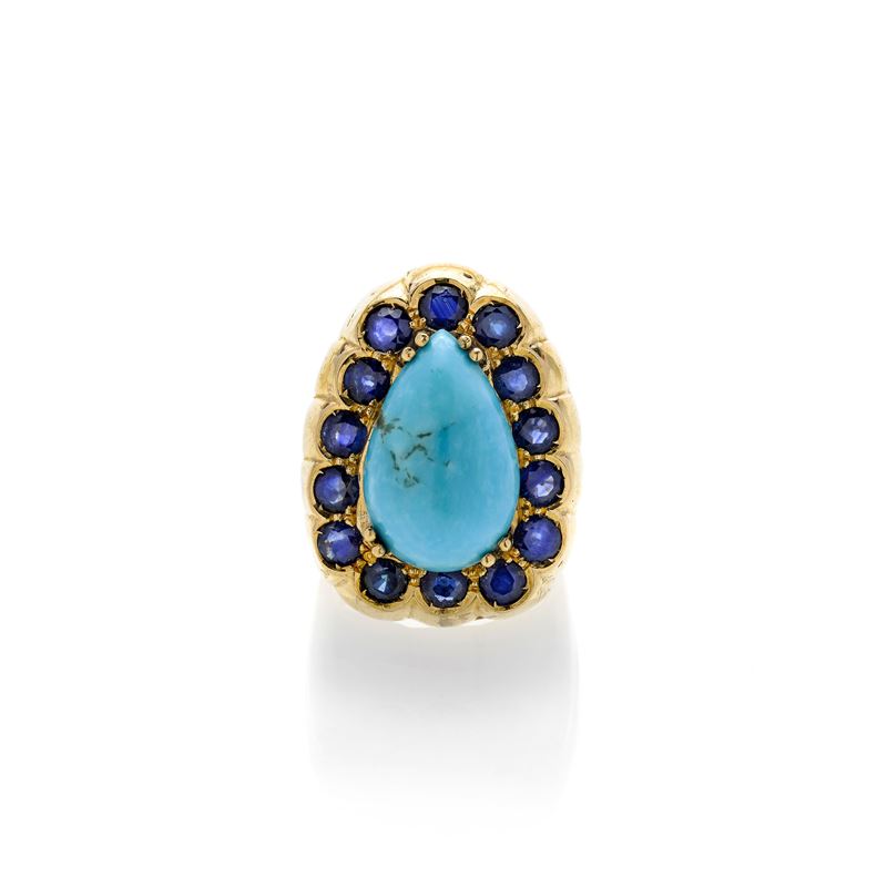 Grande Anello in Oro Giallo, Zaffiri e Turchese