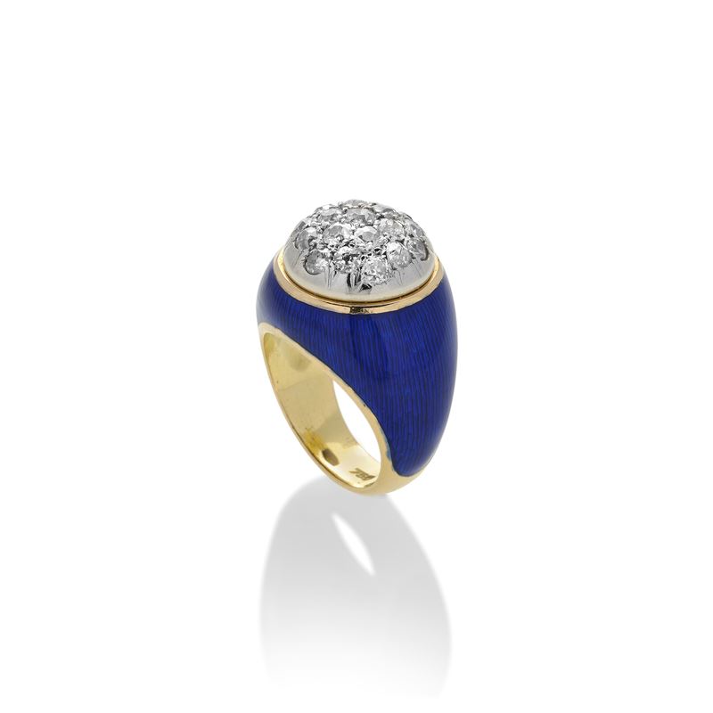Anello a Cupola in Oro Giallo, Smalto Blu e Diamanti