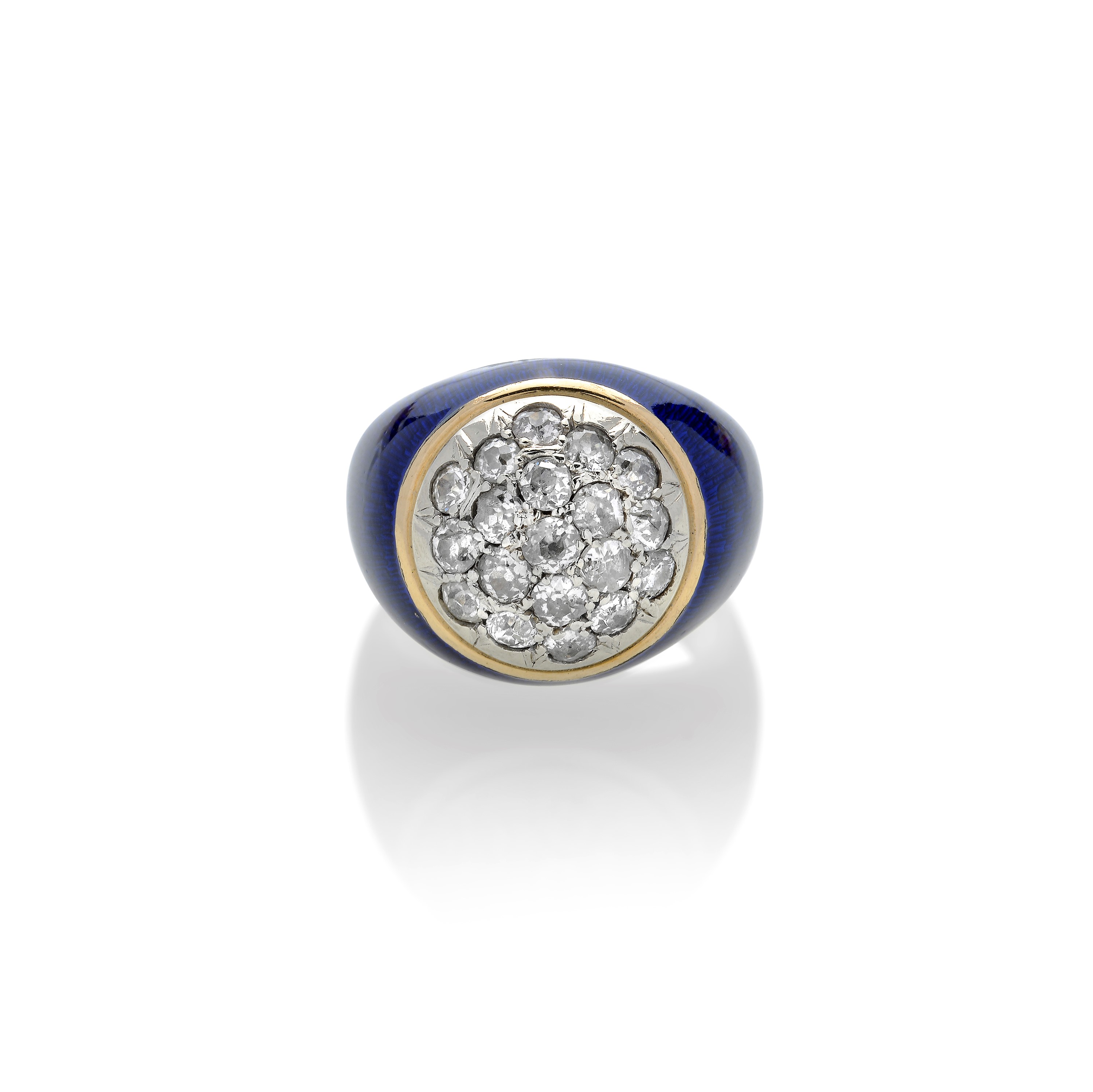 Anello a Cupola in Oro Giallo, Smalto Blu e Diamanti