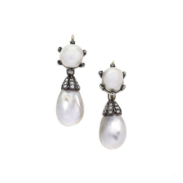 Pair of important pendant earrings in low title gold, silver, diamonds and natural pearls