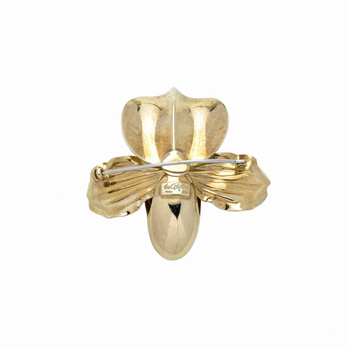 Spilla Orchidea in oro giallo e perla scaramazza