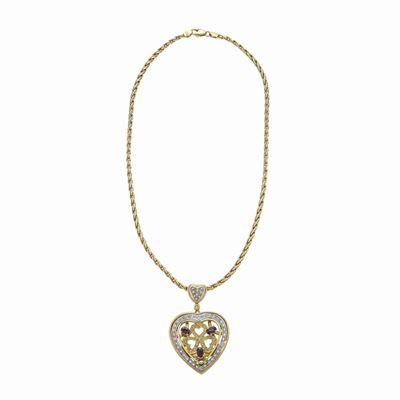 Catena con Pendente a Cuore in Oro Giallo, Oro Bianco, Diamanti e Rubini